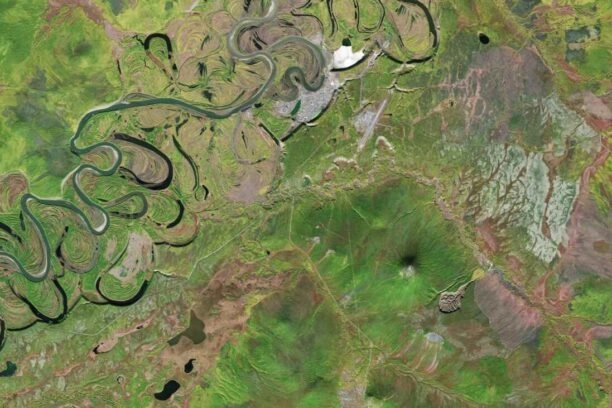 Satellietfoto van Batagaika-krater en omgeving