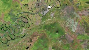Satellietfoto van Batagaika-krater en omgeving