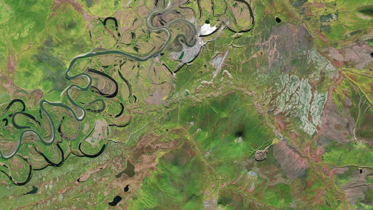 Satellietfoto van Batagaika-krater en omgeving