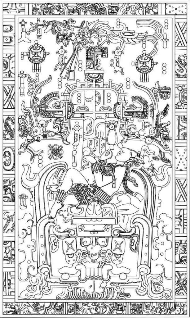 De deksel van de sarcofaag van Pacal de Grote is versierd met bovenstaande tekening (een reconstructie)