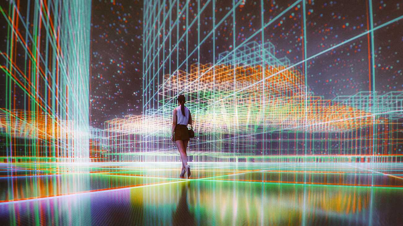 vrouw loopt door digitale omgeving, ter illustratie van het leven in een computersimulatie