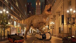 rendering van een dino in een moderne stad