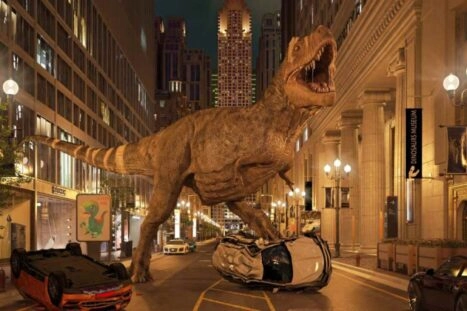 rendering van een dino in een moderne stad