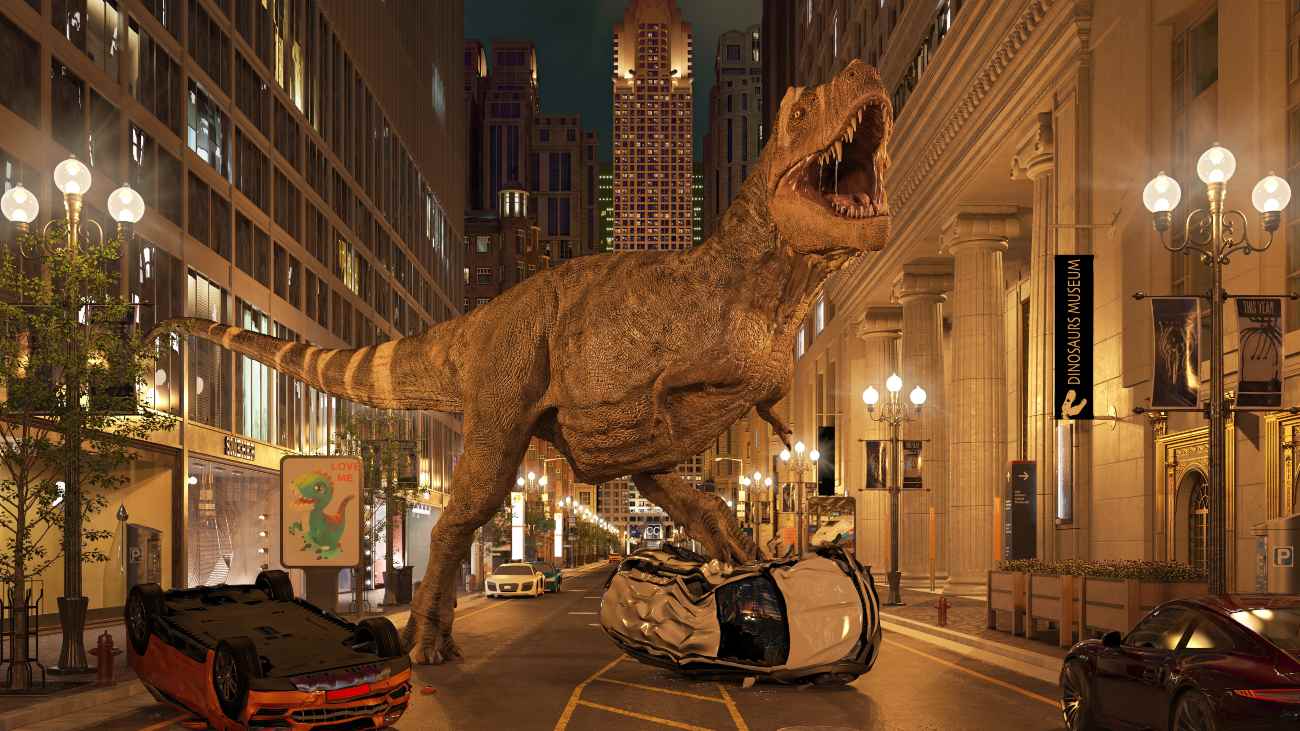 rendering van een dino in een moderne stad