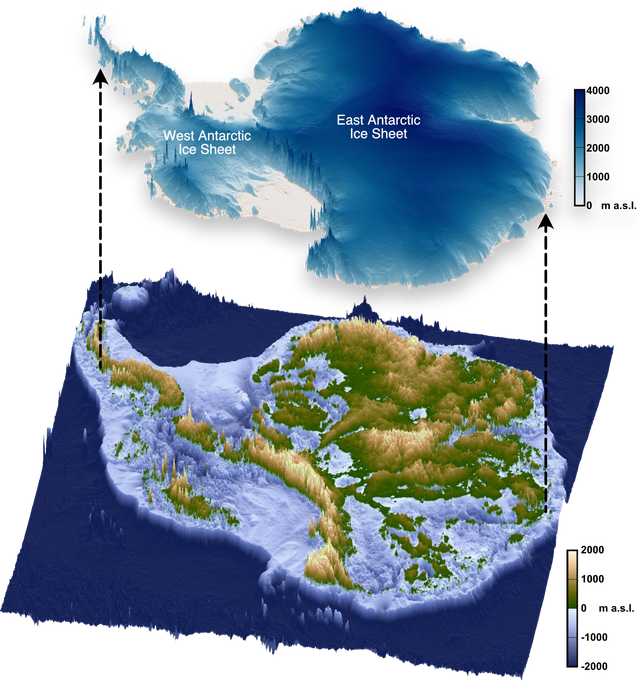 De hoogtes van Antarctica en de dikte van de ijskappen in meters.