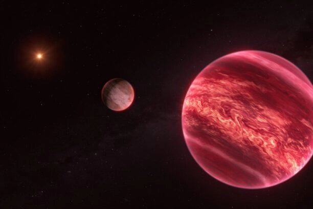 Illustratie van de bruine dwerg, de exosatelliet en de ster