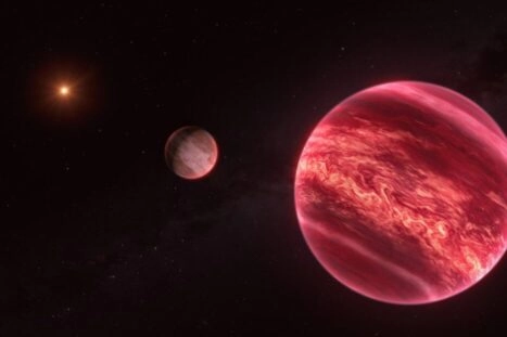 Illustratie van de bruine dwerg, de exosatelliet en de ster
