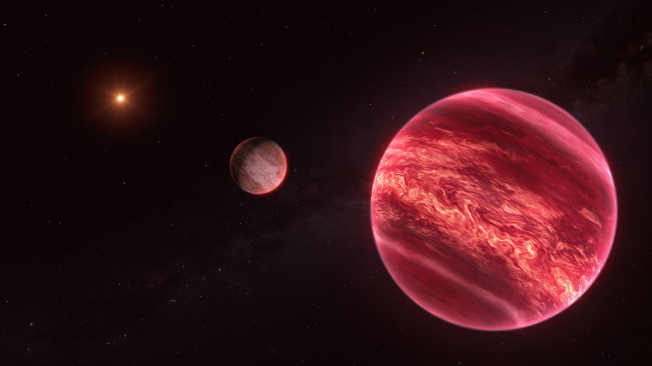 Illustratie van de bruine dwerg, de exosatelliet en de ster