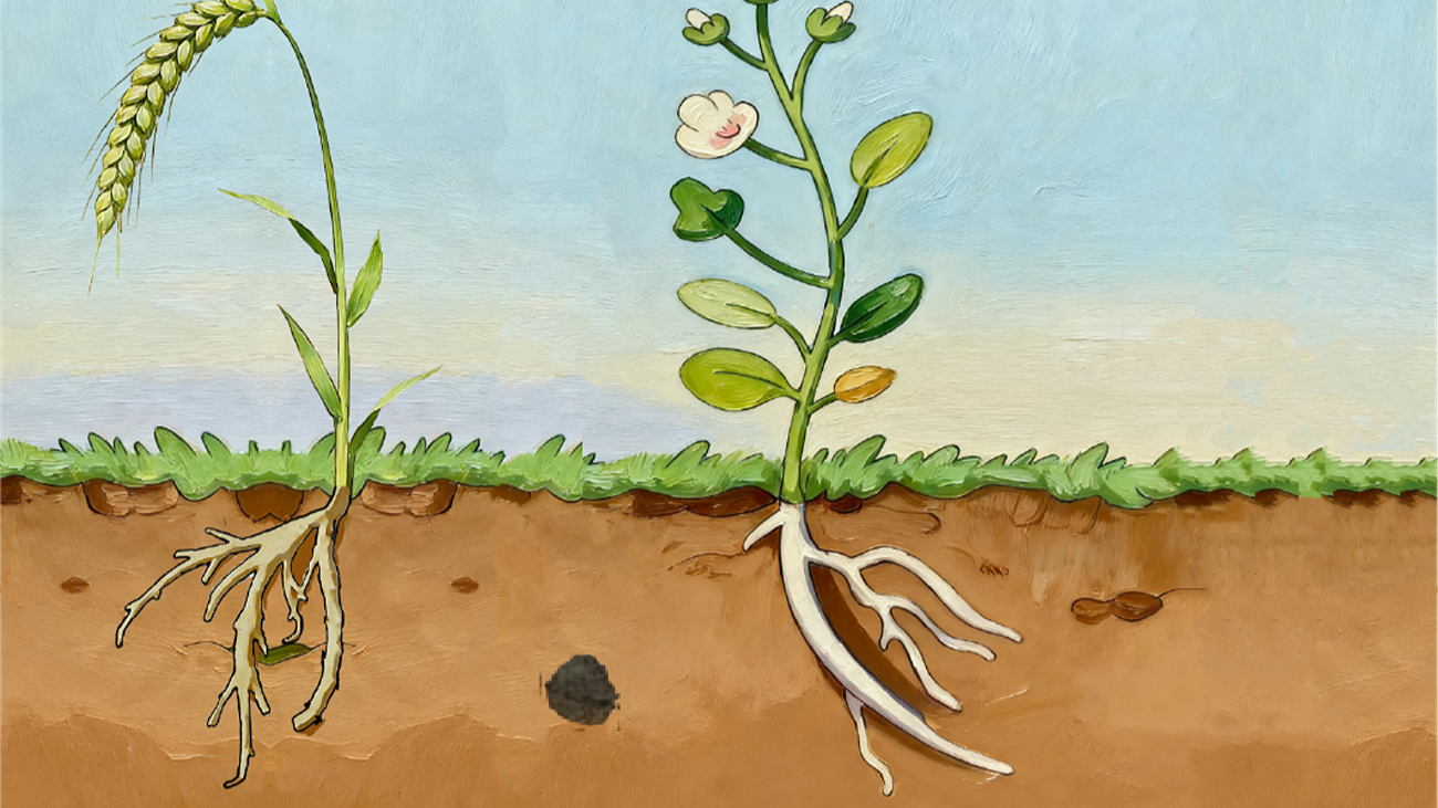 Illustratie van plantenwortels die rottend plantmateriaal ontwijken