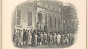 Een menigte heeft zich buiten bij het Pennsylvania State House (nu Independence Hall) in Philadelphia verzameld, waar de Onafhankelijkheidsverklaring werd getekend