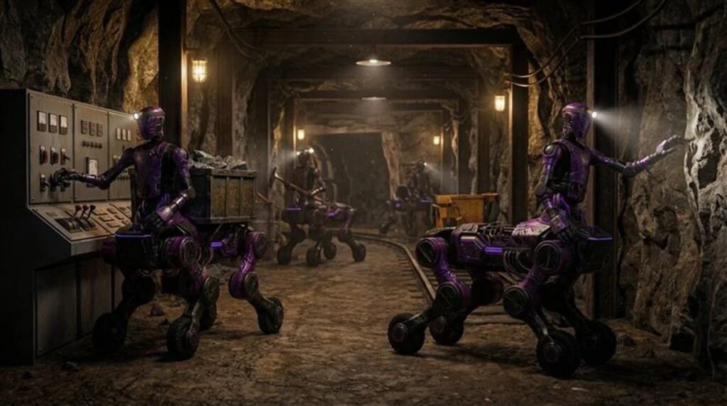Render van meerdere robot-centaurs in een mijn