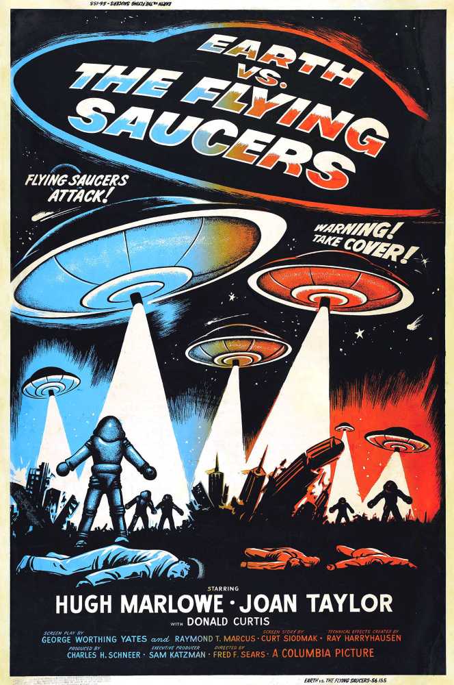 Poster voor de film 'Earth vs. The Flying Saucers' met vliegende schotels erop