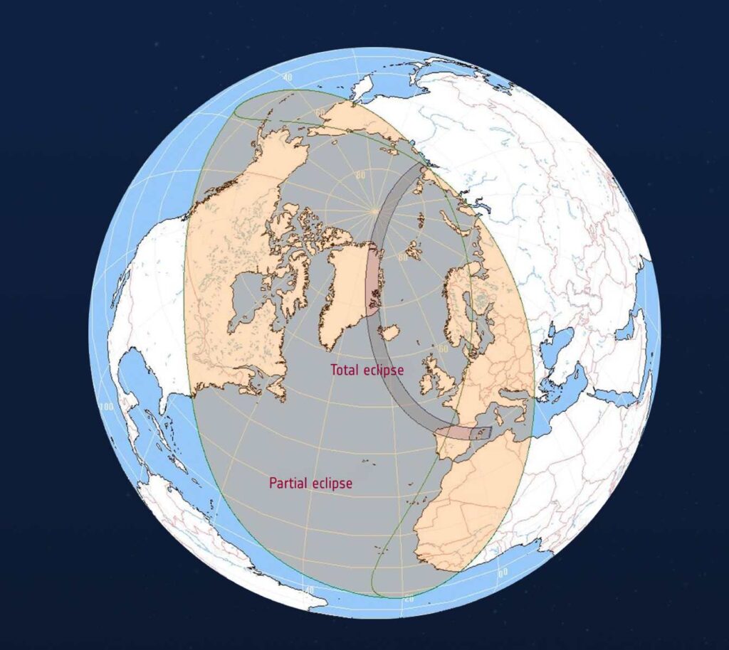 Kaart met route van totale zonsverduistering op 12 augustus 2026