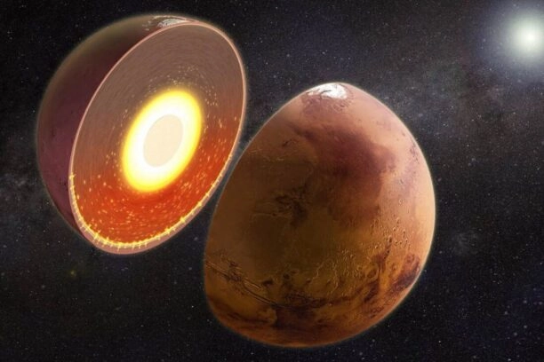 Een doorsnede van Mars, waarop te zien is dat het zuiden heter is